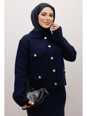 Lacivert Süs Cepli Triko Hırka