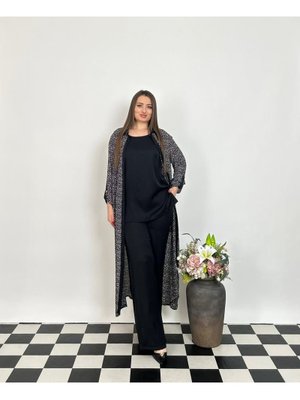 Siyah Büyük Beden Lü Bluzlu Pantolonlu Uzun Kimonolu Takım