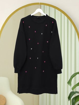 Siyah Yuvarlak Yaka Kalp Desenli Penye Tunik