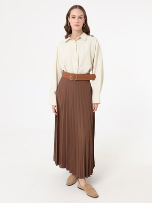 Acı Kahve Krep Kumaşlı Piliseli Klasik Etek