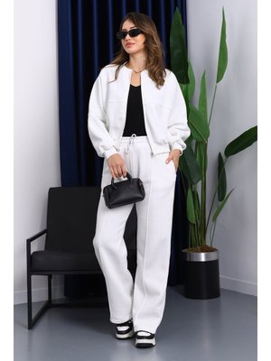 Ekru Üç İplik Sweat Hırka Pantolonlu Takım