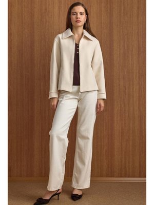 Ekru Fermuar Kapamalı Oversize Kısa Kaban