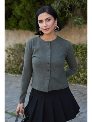 Basic Düğmeli Haki Waffle Hırka