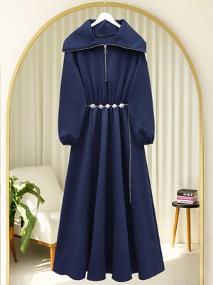 Laci Boğazlı Yarım Fermuarlı Beli Büzgülü Kemerli Scuba Elbise