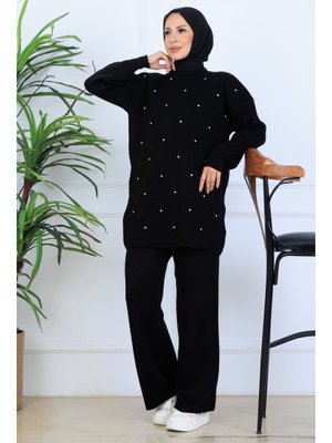 Siyah Taşlı Triko Takım