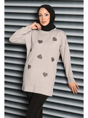 Grı Gri Kalp Taşlı İşlemeli Modal Tunik