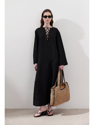 Siyah Keten Bağlama Detaylı Elbise