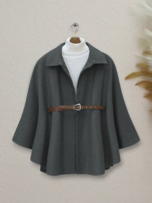 Füme Omuzu Düğmeli Beli Kemerli Kaşe Panço