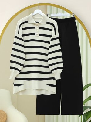 Siyah Polo Yaka Düğmeli Çizgili Triko Takım