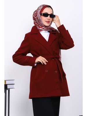 Bordo Kruvaze Yaka Çift Düğmeli Kaşe Kaban