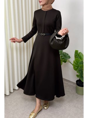 Kahverengi Scuba Suni Deri Kemerli Elbise