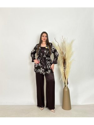 Büyük Beden Lü Bluzlu Pantolonlu Ceketli Takım Kahve