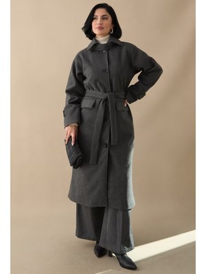 Yakası Apoletli Kapak Cep Antrasit Kaşe Kaban