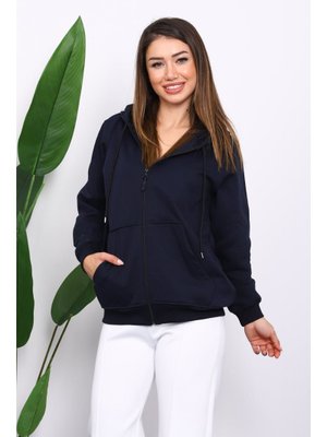 Lacivert İçi Şardonlu Üç İplik Oversize Hırka