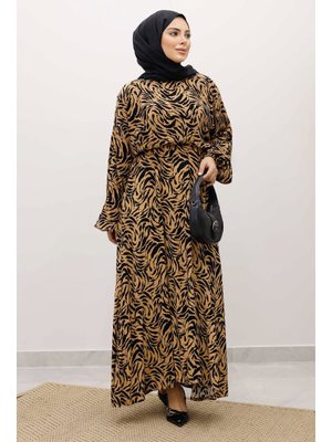 Taba Beli Lastikli Yarasa Kol Viskon Elbise