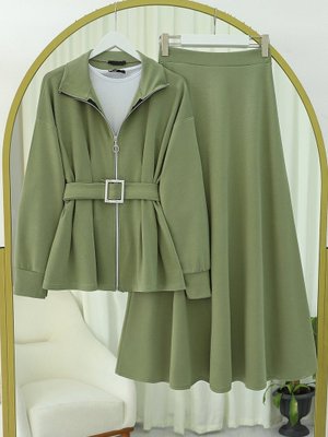 Çağla Y. Beli Katlamalı Önü Fermuarlı Kemerli Etekli Penye Takım