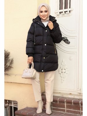 Kapüşonlu Siyah Şişme Mont 80191s