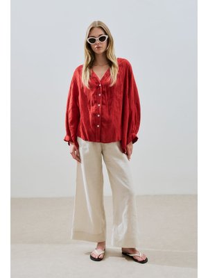 Kırmızı Keten Crush Düğmeli Bluz