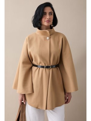 Kemerli Kaşe Camel Kısa Panço