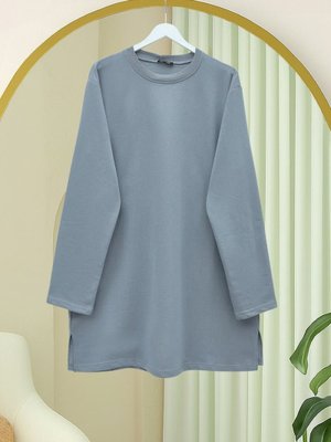 Gri Yuvarlak Yaka Yırtmaçlı Salaş Penye Tunik