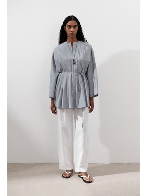 Mavi Nervürlü Geniş Kollu Tunik