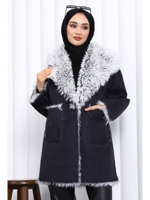 Siyah Kruvaze Yaka İçi Kürklü Süet Mont