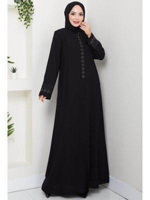 Siyah Gizli Patlı Çiçek Taşlı Ferace