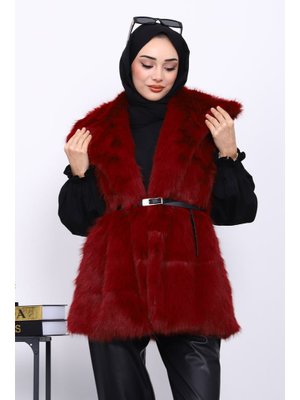 Bordo Astarlı Kemerli Kürk Yelek