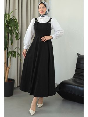 Siyah Sıyah Askılı Gabardin Salopet