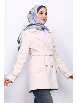 Krem Kruvaze Yaka Çift Düğmeli Kaşe Kaban
