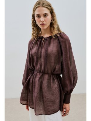 Bordo Geniş Manşetli Kuşaklı Tunik