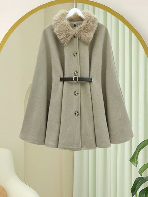 Açık Vizon Yakası Kürklü Beli Kemerli Düğmeli Kaşe Panço