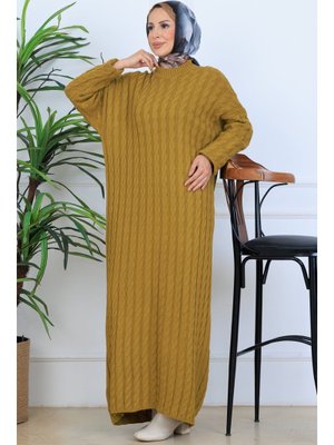 Yağ Yeşili Örgü Desenli Triko Elbise