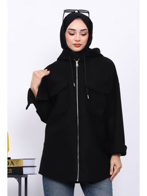 Siyah Kapüşonlu Çift Cepli Kaşe Ceket