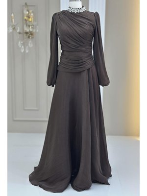 Koyu Kahve Nergis Abiye Elbise