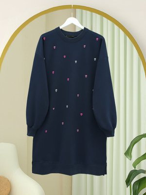 Laci Yuvarlak Yaka Kalp Desenli Penye Tunik