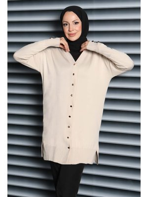 Krem Düğmeli Triko Hırka