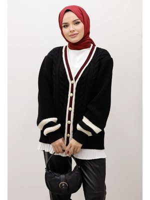 Siyah Saç Örgü Desenli Triko Hırka