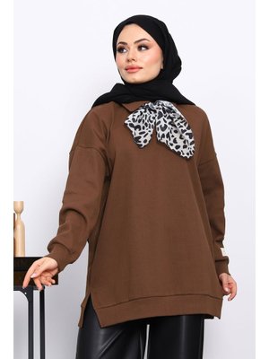 Açık Kahve Fular Detaylı Yakalı Tunik