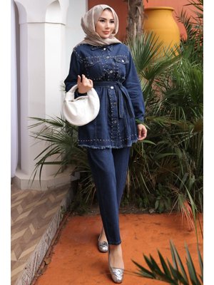 Lacivert Taş İşlemeli Ceket Pantolonlu Kot Takım