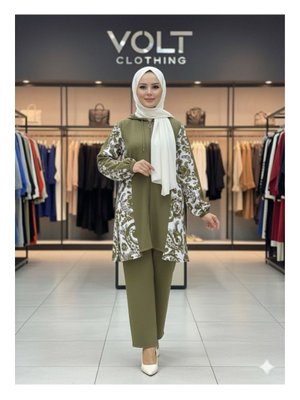 Haki Ön Detay Desenli İkili Takım