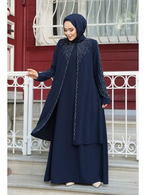 Boncuk İşlemeli Lacivert Abaya 29131l