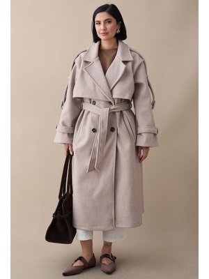 Apoletli Kuşaklı Astarsız Oversize Bej Kaşe Kaban