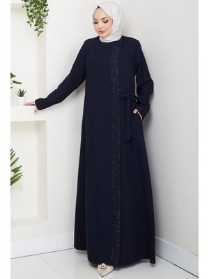 Lacivert Gizli Fermuarlı Yandan Bağlamalı Boncuklu Ferace
