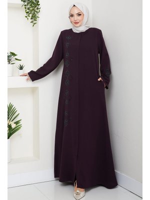 Mürdüm Deri İşlemeli Ferace