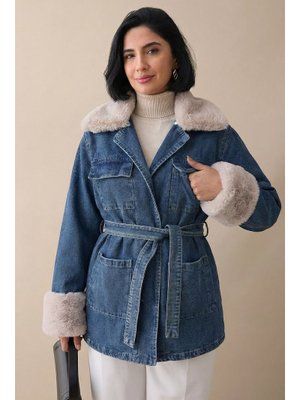 Peluş Detay Kuşaklı Mavi Kot Ceket