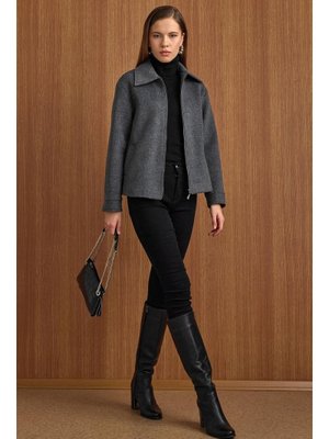 Koyu Gri Fermuar Kapamalı Oversize Kısa Kaban