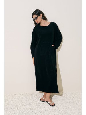 Siyah Havlu Kumaş Rahat Elbise