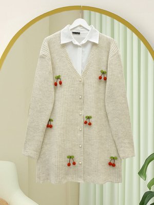 Krem Kirazlı Top Düğmeli Triko Hırka