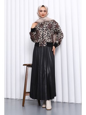 Siyah Leopar Desenli Ceket Etekli Takım